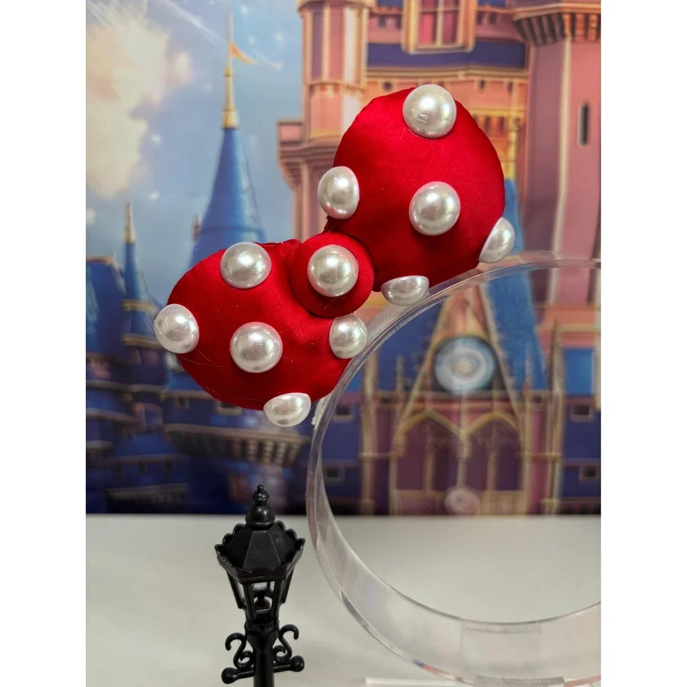 Mouse Red Pearl Polka Dot Bow Hair Clips . 2pc